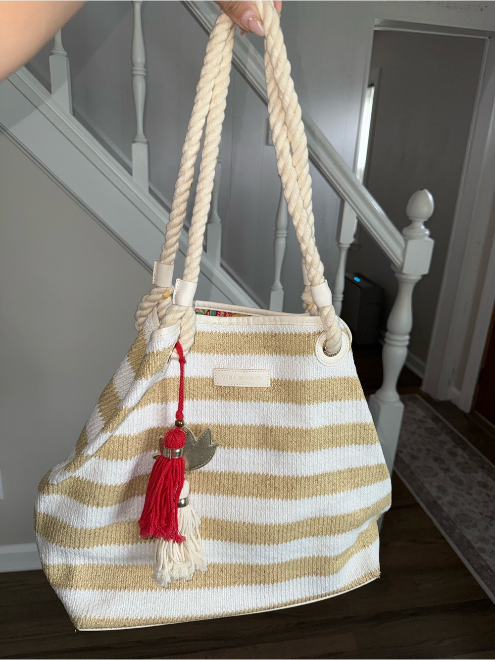 Vera Bradley Cream & Gold Striped Rope-Handle Tote with Red Tassel